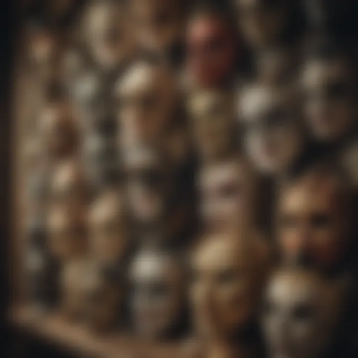 A beautifully organized display of vintage masquerade masks