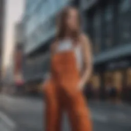 A stylish pair of overalls with cargo pockets in an urban setting.