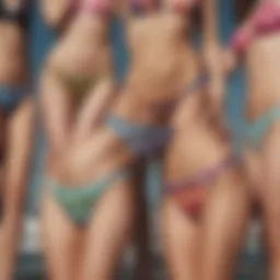 A vibrant collection of thong bottom swimwear showcasing diverse patterns and colors