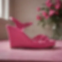 Stylish fuchsia pink wedge sandals on a decorative surface