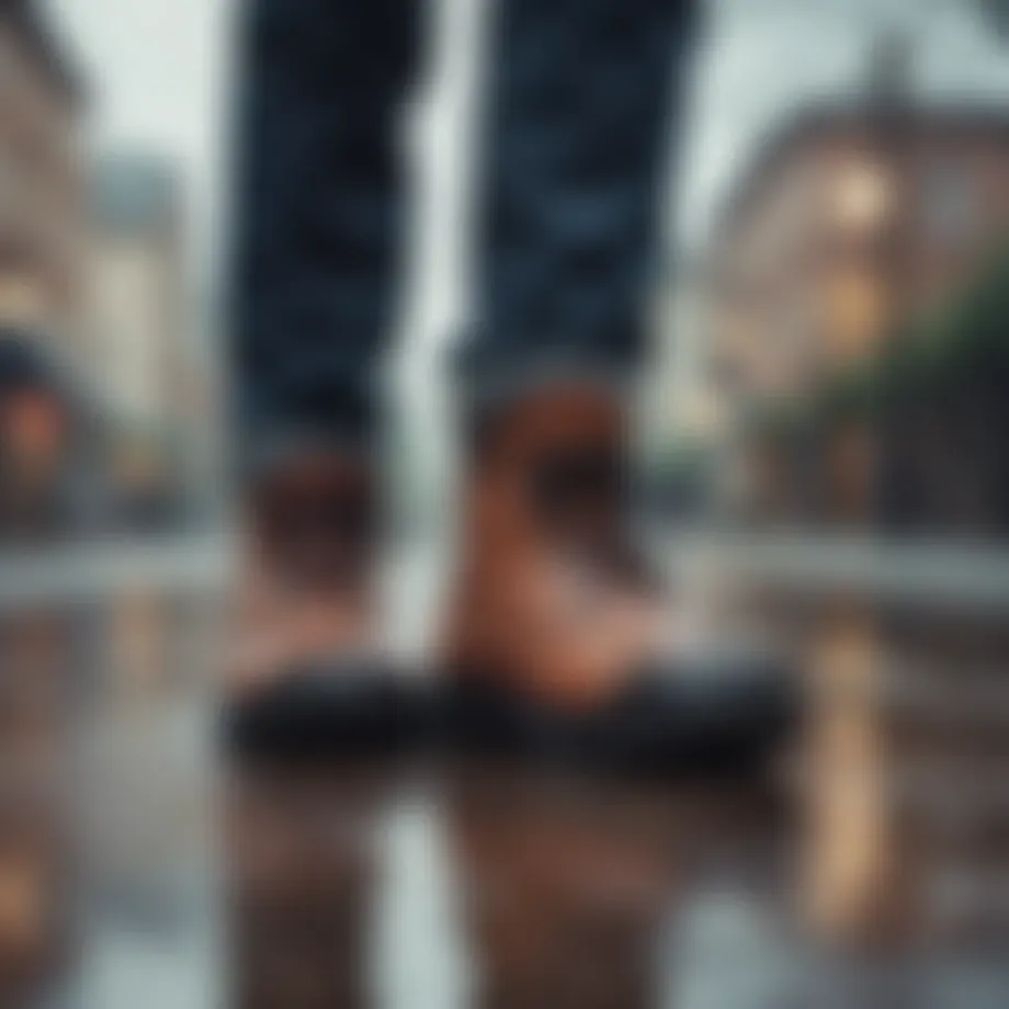 Durable rain shoes featured in a stylish outdoor setting.