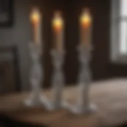 Elegant vintage glass candle sticks displayed on a rustic wooden table