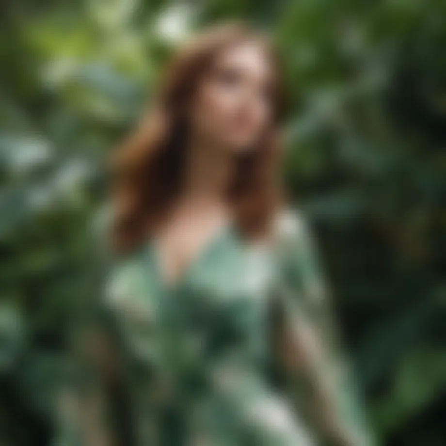Tropical leaf print maxi dress displayed in a lush garden setting